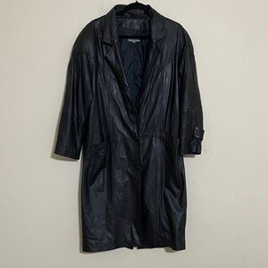 Vintage Black Leather pea Coat women M long casual event Y2K winter avant-garde